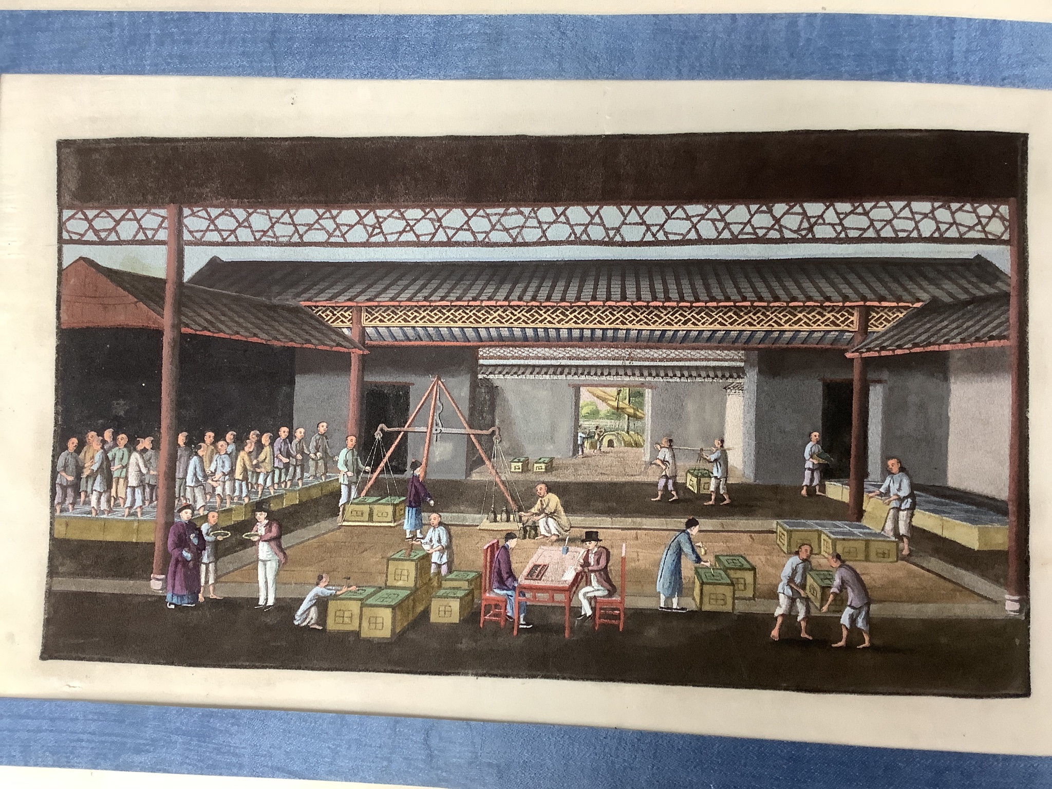 An album of eleven Chinese ‘tea production and trading’ pith paintings, Guangzhou, mid 19th century, Album 25.5 cm X 37 cm, Some losses
